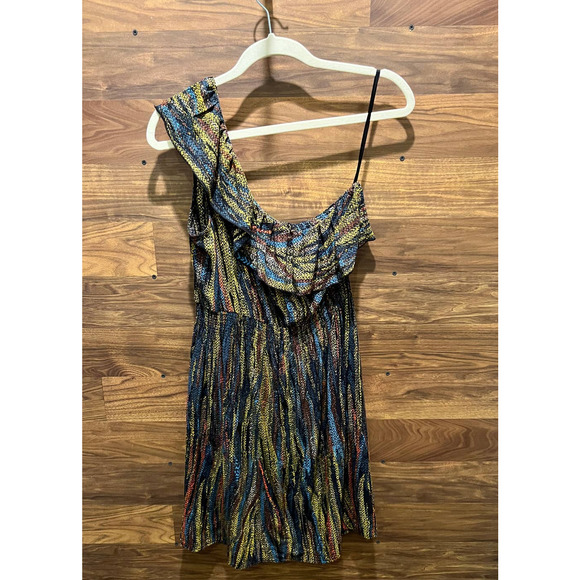 AUW 1 Shoulder Summer Dress Mini Length Women's Medium Rayon Stretch Waist - Picture 2 of 8